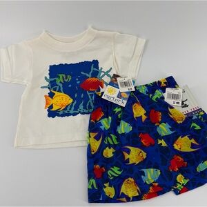 NWT Vintage Carter's Fish Print T-Shirt & Diaper Free Swim Shorts Baby 12 Months